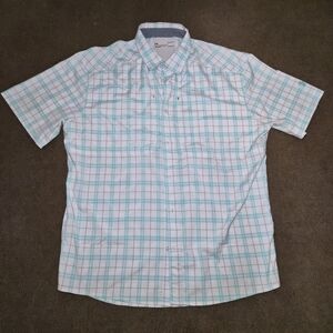 Under Armour Men’s Short Sleeve Button-Down Shirt - White with Teal Plaid